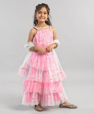 Babyhug Singles Sleeves Sequined Choli and Layered Lehenga with Ruffled Net Dupatta - Pink Babyhug Singles Sleeves Sequined Choli and Layered Lehenga with Ruffled Net Dupatta - Pink
