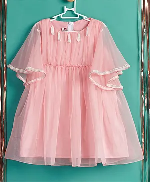 Nino by Vani Mehta Three Fourth Flared Sleeves Pearl Detailing Dress - Light Pink