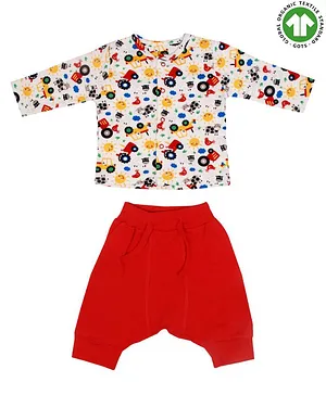 Candy Cot Full Sleeves Vehicle Print Tee With Bottom - Red