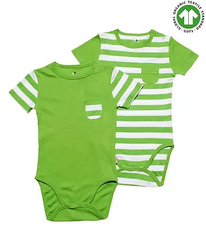 Candy Cot Organic Cotton Half Sleeves Striped Onesie Pack Of 2 - Green