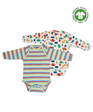 Candy Cot Full Sleeves Stripes And Dinosaurs Print Unisex Organic Cotton Onesies Set Of 2 - Multi-color