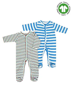 Candy Cot Full Sleeves Stripes Print Organic Cotton Sleepsuits Pack Of 2 - Multi-color