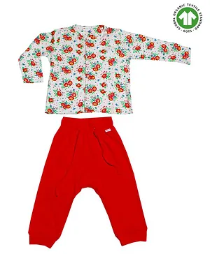 Candy Cot Full Sleeves Roses Print Shirt And Solid Pants Organic Cotton Set - Red