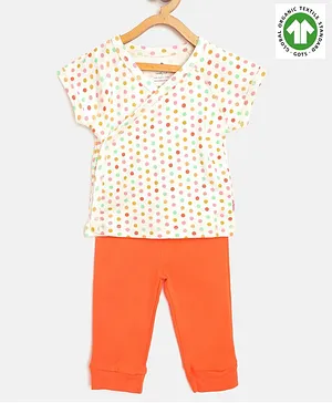 Candy Cot Half Sleeves Polka Dot Print Vest And Solid Pants Organic Cotton Set - Orange