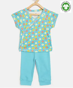 Candy Cot Half Sleeves Floral Print Vest And Solid Pants Organic Cotton Set - Blue