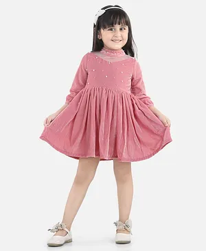 Fairies Forever Full Sleeves Pearl Embellished Dress - Pink