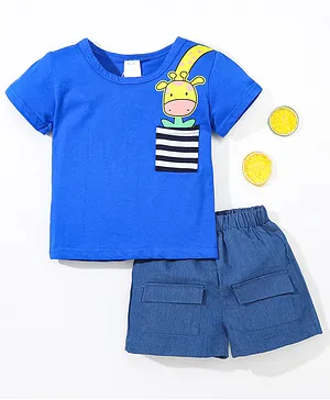 Kookie Kids Half Sleeves Tee & Shorts Set Giraffe Print - Blue