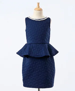 The KidShop Sleeveless Pearl String Neck & Ruffle Waist Detailing Self Design Dress - Blue