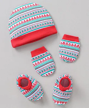 Babyhug 100% Cotton Cap Mittens & Booties Set Printed - Red