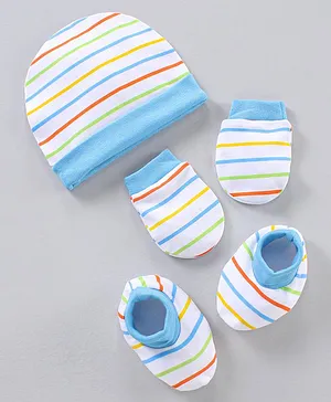 Babyhug 100% Cotton Cap, Mitten & Booties Set Striped Print White & Blue - Cap Diameter 10 cm