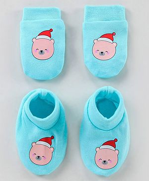 Babyhug 100% Cotton Mittens & Booties Set Cartoon Print - Blue
