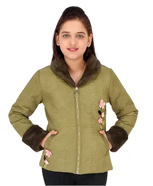 Cutecumber Full Sleeves Floral Self Design Jacket - Green