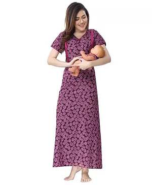 Piu Women's Half Sleeves Floral Print Maternity Feeding Nighty - Purple