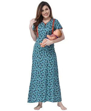 Piu Women's Half Sleeves Floral Print Maternity Feeding Nighty - Green