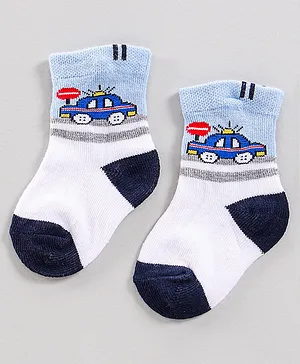 Bonjour Ankle Length Socks Stripe And Car Design - Blue White (Colour May Vary)