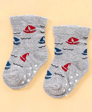 Bonjour Ankle Length Socks Boat And Star Design - Grey (Colour May Vary)