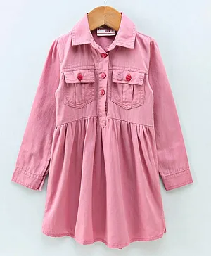 Under Fourteen Only Full Sleeves Solid Colour Shirt Dress - Pink