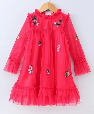 Under Fourteen Only Flower Embroidery Ruffle Detailing Dress - Pink