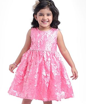 Babyhug Sleeveless 3D Flowers with Pearl and Bow Waist Belt - Pink
