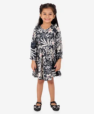 Lil Drama Full Sleeves Floral Printed Casual Cotton Dress - Navy Blue