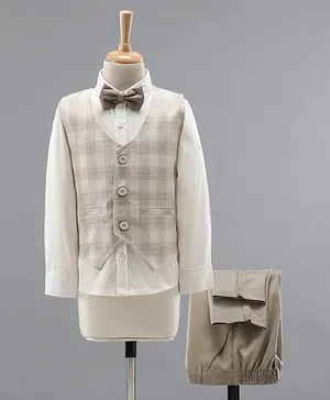 Babyhug Full Sleeves Checks Party Wear Suit with Waistcoat & Bow - Off White Beige