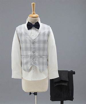 Babyhug Full Sleeves Checks Party Wear Suit with Waistcoat & Bow - Grey Dark Brown