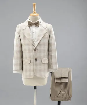 Babyhug Full Sleeves Checks Party Wear Suit with Blazer & Bow - Beige