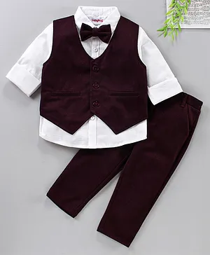 Babyhug 3 Piece Full Sleeves Party Suit With Bow - Maroon White