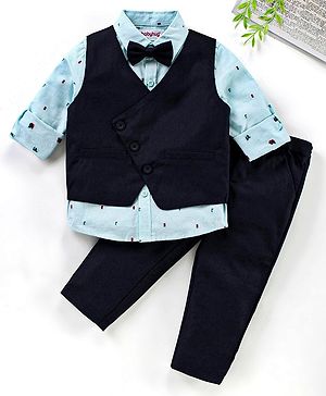 Babyhug 3 Piece Full Sleeves Party Suit With Bow - Light & Navy Blue