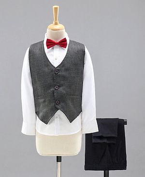 Babyhug 3 Piece Full Sleeves Party Suit With Bow - Grey White