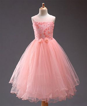 Babyhug Sleeveless Embroidered Party Frock with Corsage - Peach