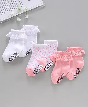 Nuluv Cotton Blend Ankle Length Frilled Socks Pack of 3 - Pink White