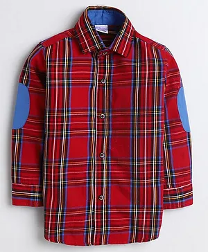 Polka Tots Full Sleeves Elbow Patches Checks Shirt - Red