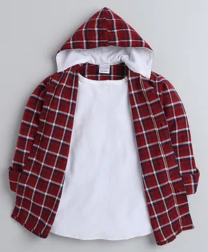 Polka Tots Full Sleeves Checked Hooded Shirt - Red