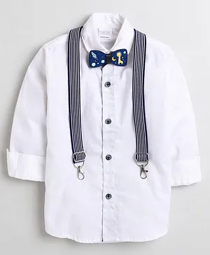 Polka Tots Full Sleeves Solid Shirt With Bow Tie & Suspenders - White
