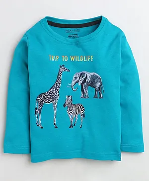 Polka Tots Full Sleeve Animal Print Tee  - Blue