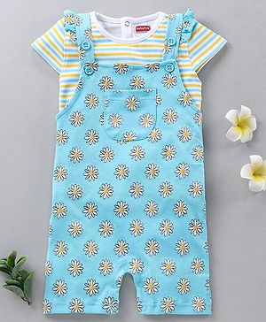 Babyhug Dungaree and Cap Sleeves Tee Set Floral Print - Blue