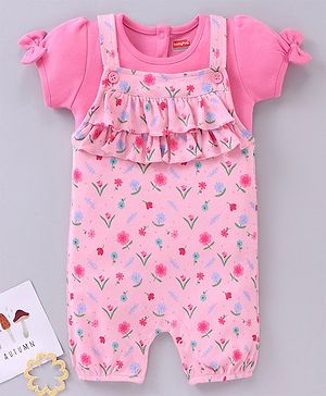 Babyhug Short Sleeves T-Shirt With Dungaree Floral Print - Pink