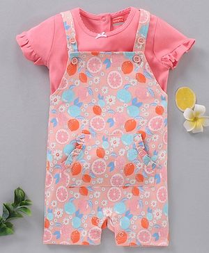 Babyhug Cap Sleeves Cotton Tee With Dungaree Lemon Print- Pink