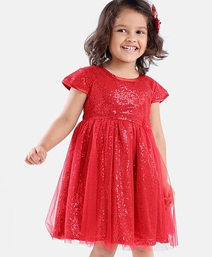 Babyhug Cap Sleeves Sequined Party Frock with Corsage - Red