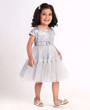 Babyhug Cap Sleeves Party Wear Tutu Sequined Frock Corsage Applique - Grey