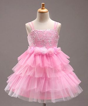 Babyhug Singlet Sleeves Layered Party Frock with Floral Corsage - Pink