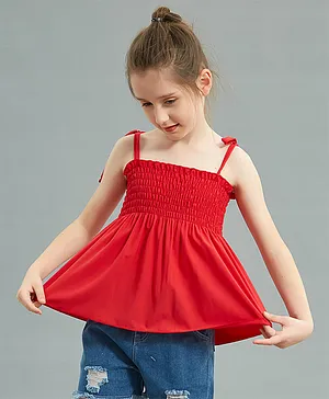 Kookie Kids Singlet Sleeves Solid Top with Smocked Detailing - Red