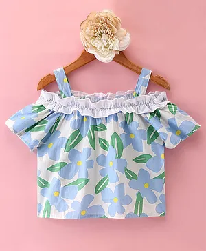 Kookie Kids Cold Shoulder Floral Print Top - Blue