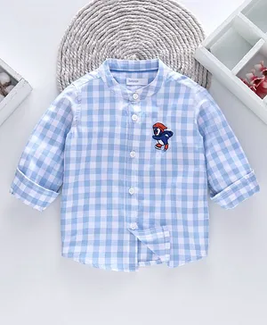 Babyoye Full Sleeves Checks Shirt Penguin Embroidered - Blue