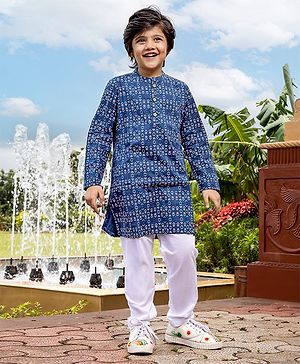 Pine Kids Full Sleeve Boys Kurta Pyjama Set with Cotton Lining Self Printed - Blue Sapphire