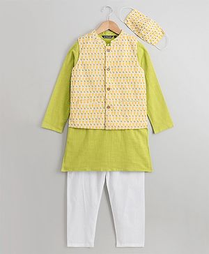 Pine Kids Full Sleeves Kurta Pyjama Set with Geometric Printed Nehru Jacket & Mask - Green