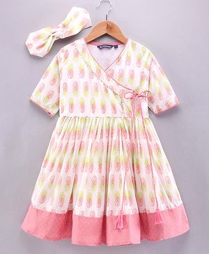 Pine Kids Three Fourth Sleeves Ethnic Dress with Head Band - White