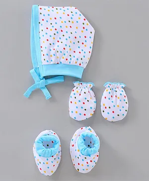 Child World Cap Mittens & Booties Set Polka Dot Print - Blue White