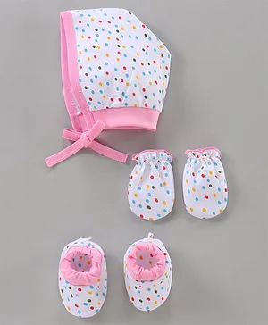 Child World Cap, Mittens & Booties Set Polka Dots Print White & Pink - Diameter 8 cm